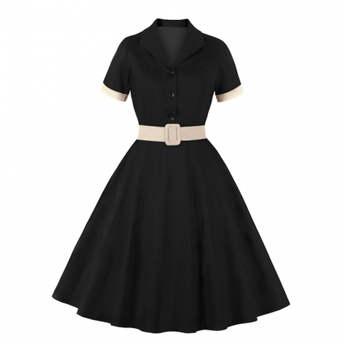 1960s Retro Solid Color Lapel Short Sleeves High Waist Cocktail Swing Dress With Belt N21714