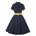 1960s Retro Solid Color Lapel Short Sleeves High Waist Cocktail Swing Dress With Belt N21713