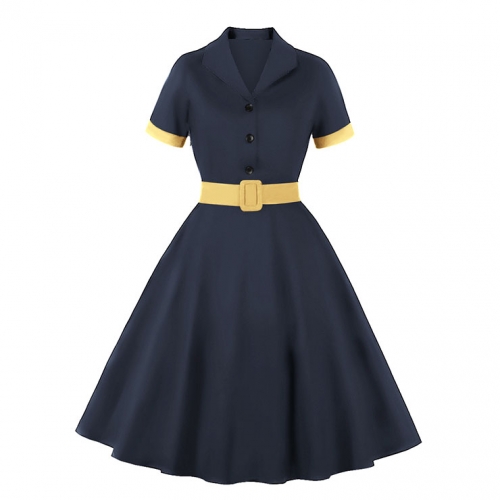 1960s Retro Solid Color Lapel Short Sleeves High Waist Cocktail Swing Dress With Belt N21713