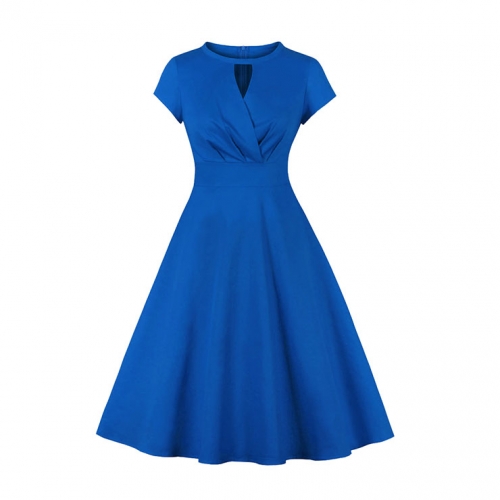 Vintage Round Neckline Front Cut-out Short Sleeve Solid Color High Waist Cocktail Midi Dress N21702 Vintage Round Neckline Front Cut-out Short Sleeve Solid Color High Waist Cocktail Midi Dress N21702