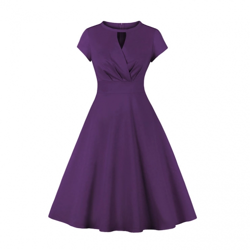 Vintage Round Neckline Front Cut-out Short Sleeve Solid Color High Waist Cocktail Midi Dress N21701 Vintage Round Neckline Front Cut-out Short Sleeve Solid Color High Waist Cocktail Midi Dress N21701