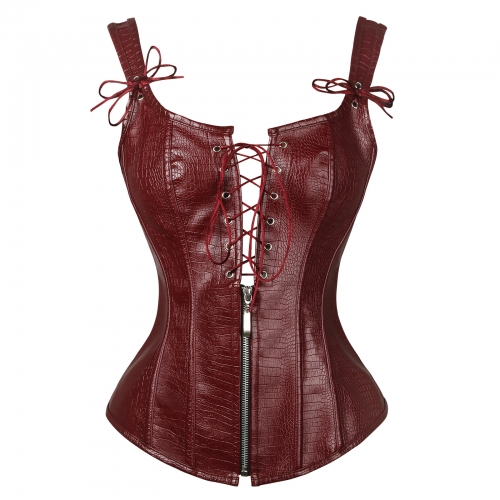 Fashion Wine Red Punk Faux Leather Lace-up Zipper Vest Corset N21671