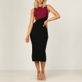 Vintage Mockneck Sleeveless Patchwork Cut-out Sexy Elastic Knitted Bodycon Wrap Dress N21653