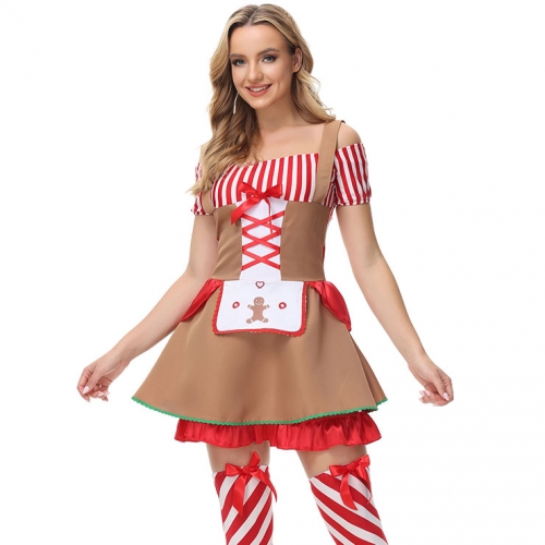 Lovely Santa Girl Red and White Striped Off-shoulder Dress Gingerbread Man Christmas Costume XT21626