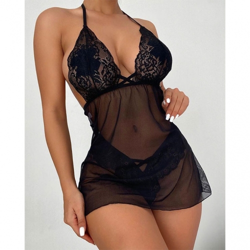 Sexy See-through Mesh Soft Lace Halterneck Low-cut Flirty Babydoll Nightwear Chemise N21612