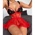 Sexy Red Low-cut See-through Mesh and Lace Strappy Valentine's Day Nightwear Chemise N21609