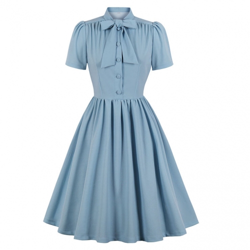 Vintage Tie Collar Front Button Short Sleeve Solid Color High Waist Cocktail Party Midi Dress N21607 Vintage Tie Collar Front Button Short Sleeve Solid Color High Waist Cocktail Party Midi Dress N21607