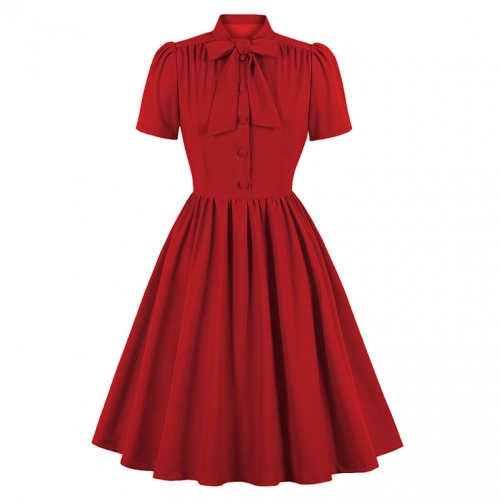 Vintage Tie Collar Front Button Short Sleeve Solid Color High Waist Cocktail Party Midi Dress N21604 Vintage Tie Collar Front Button Short Sleeve Solid Color High Waist Cocktail Party Midi Dress N21604