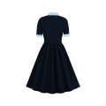 Vintage Tie Collar Front Button Short Sleeve High Waist Cocktail Party Midi Dress N21603