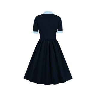 Vintage Tie Collar Front Button Short Sleeve High Waist Cocktail Party Midi Dress N21603