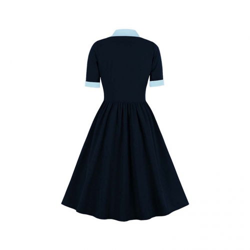 Vintage Tie Collar Front Button Short Sleeve High Waist Cocktail Party Midi Dress N21603
