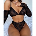 Exotic See-through Lace Bra and Panties Two-piece Underwear Lingerie with Gloves N21598