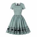 Vintage Square Neckline Short Sleeve Gingham Cotton High Waist Daily Casual A-line Dress N21585