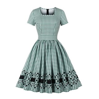 Vintage Square Neckline Short Sleeve Gingham Cotton High Waist Daily Casual A-line Dress N21585