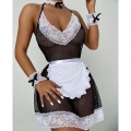 5pcs Sexy French Maid Cosplay Mini Dress See-through Mesh Babydoll Nightwear Lingerie N21574
