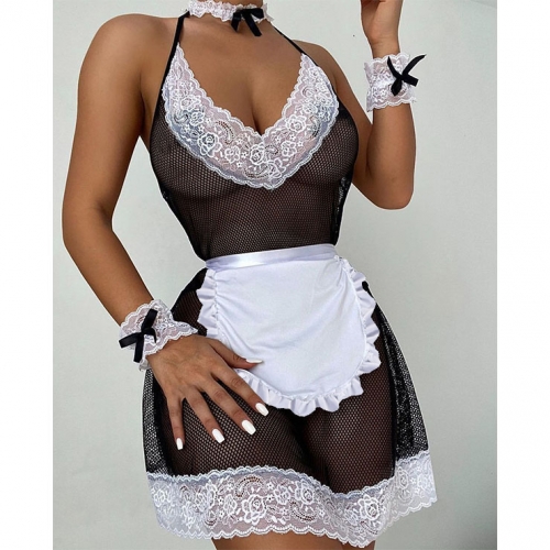 5pcs Sexy French Maid Cosplay Mini Dress See-through Mesh Babydoll Nightwear Lingerie N21574