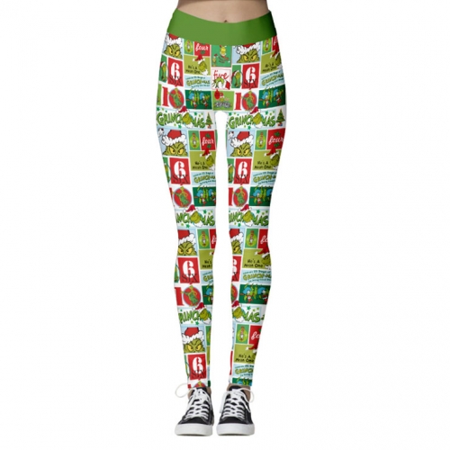 Fashion 3D Digital Print Green Monster Stealing Christmas High Waist Elastic Slim Leggings L21567