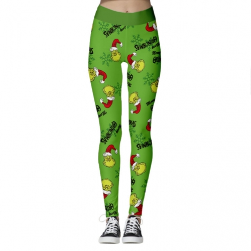 Fashion 3D Digital Print Green Monster Stealing Christmas Slim High Waist Elastic Leggings L21563