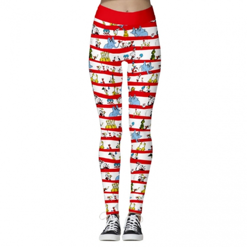 Fashion 3D Digital Print Red and White Stripe Chic Animals Christmas Slim Elastic Leggings L21562