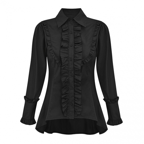 Victorian Gothic Black Ruffle Lapel Button Shirt Vintage Bishop Long Sleeve Lolita Blouse Top N21548