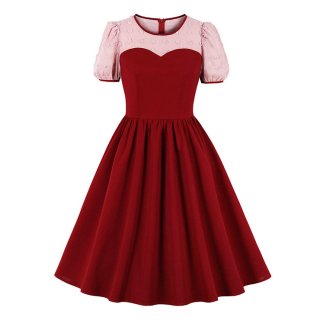 Vintage Round Neck Heart Bodice Puff Sleeves High Waist Elegant Cocktail Party A-line Dress N21499