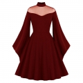 Sexy Gothic See-through Mesh Patchwork High Neck Flare Sleeve Vampire Retro Midi Dress N21492