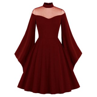 Sexy Gothic See-through Mesh Patchwork High Neck Flare Sleeve Vampire Retro Midi Dress N21492