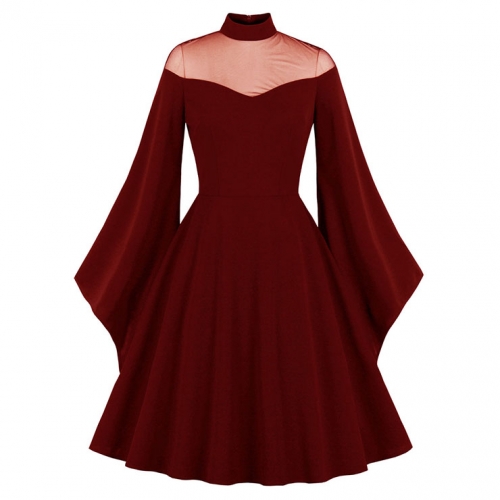 Sexy Gothic See-through Mesh Patchwork High Neck Flare Sleeve Vampire Retro Midi Dress N21492