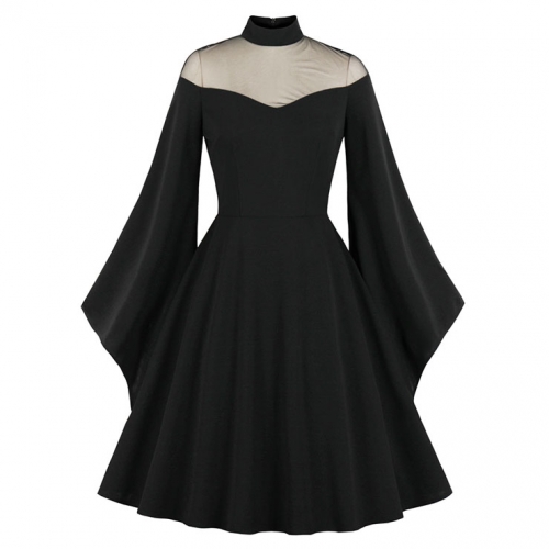 Sexy Gothic See-through Mesh Patchwork High Neck Flare Sleeve Vampire Retro Midi Dress N21491