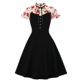Vintage Scalloped Tie Collar See-through Mesh and Floral Sleeves High Waist Party Swing Dress N21489