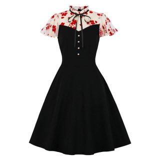 Vintage Scalloped Tie Collar See-through Mesh and Floral Sleeves High Waist Party Swing Dress N21489