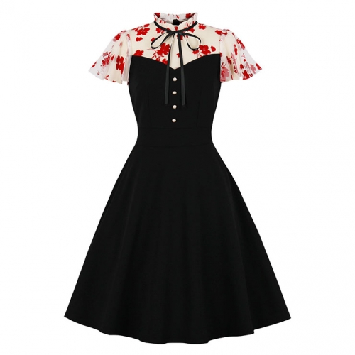 Vintage Scalloped Tie Collar See-through Mesh and Floral Sleeves High Waist Party Swing Dress N21489