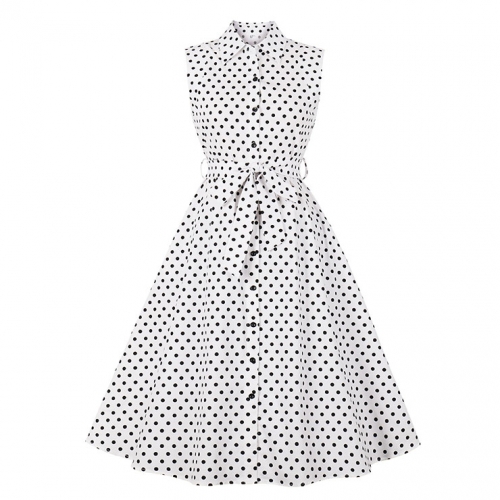 Vintage Rockabilly Polka Dots Lapel Sleeveless Front Button High Waist Cocktail Swing Dress N21484