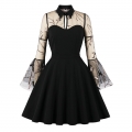 Sexy Gothic Black See-through Mesh Embroidered Lapel Flare Sleeve Vampire A-line Dress N21482