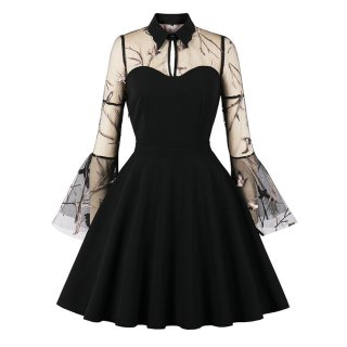 Sexy Gothic Black See-through Mesh Embroidered Lapel Flare Sleeve Vampire A-line Dress N21482