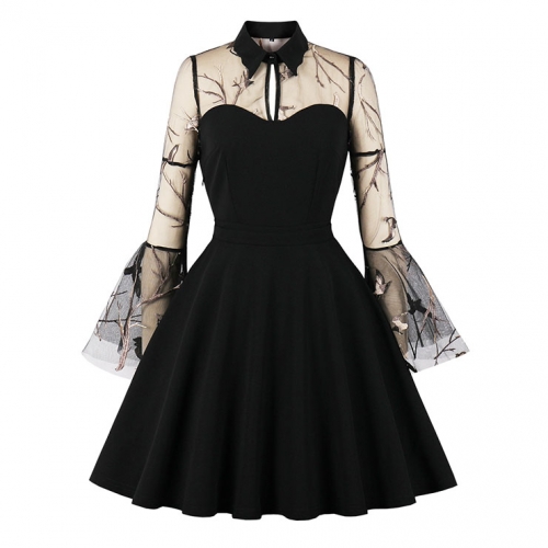 Sexy Gothic Black See-through Mesh Embroidered Lapel Flare Sleeve Vampire A-line Dress N21482