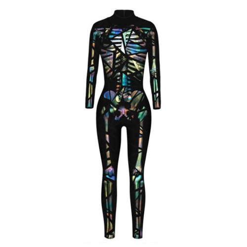 Fashion Laser Color 3D Printed Unitard Skeleton High Neck Bodysuit Halloween Cosplay Costume N21399