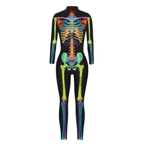 Funny Colorful Bones 3D Printed Unitard Skeleton High Neck Bodysuit Halloween Cosplay Costume N21397