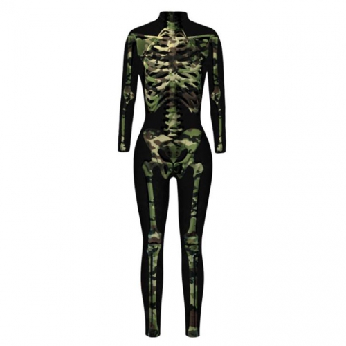 Sexy Camo Bone 3D Printed Unitard Skeleton High Neck Bodysuit Halloween Cosplay Costume N21396