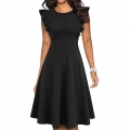 Vintage Black Round Neck Flying Sleeves High Waist Cocktail Party Solid Color Midi Dress N21374