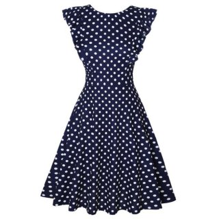 Vintage Blue and White Polka Dots Round Neck Flying Sleeves High Waist Daily Midi Dress N21373