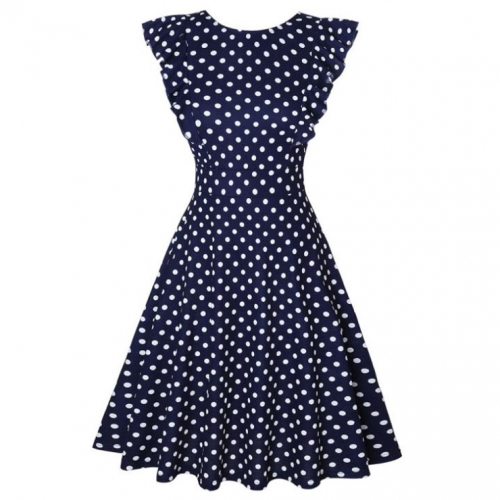 Vintage Blue and White Polka Dots Round Neck Flying Sleeves High Waist Daily Midi Dress N21373
