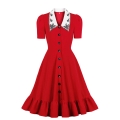 Elegant Red Doll Collar Short Sleeve Front Button High Waist Ruffle Dress N21350
