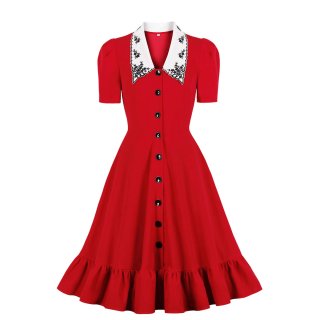 Elegant Red Doll Collar Short Sleeve Front Button High Waist Ruffle Dress N21350