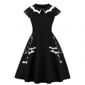 Fashion Vintage Bat-Shaped Neckline Short Sleeve Embroidery High Waist Swing Dress N21347
