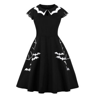 Fashion Vintage Bat-Shaped Neckline Short Sleeve Embroidery High Waist Swing Dress N21347