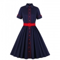 Vintage Navy-blue Turn-down Collar Short Sleeve Front Button Party Contrast Color Dress N21337