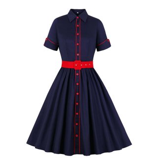 Vintage Navy-blue Turn-down Collar Short Sleeve Front Button Party Contrast Color Dress N21337
