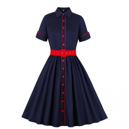 Vintage Navy-blue Turn-down Collar Short Sleeve Front Button Party Contrast Color Dress N21337 Vintage Navy-blue Turn-down Collar Short Sleeve Front Button Party Contrast Color Dress N21337