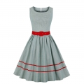 Fashion Light-green Square Collar Sleeveless Pinstripe Belt High Waist Summer Swing Dress N21333